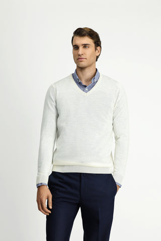  Kırık Beyaz V Yaka Regular Fit Yünlü Triko Kazak