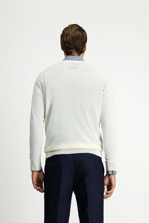 Kırık Beyaz V Yaka Regular Fit Yünlü Triko Kazak