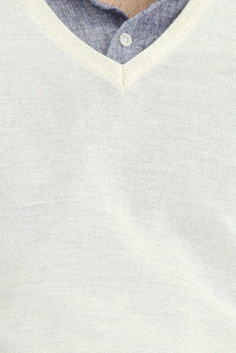 Kırık Beyaz V Yaka Regular Fit Yünlü Triko Kazak