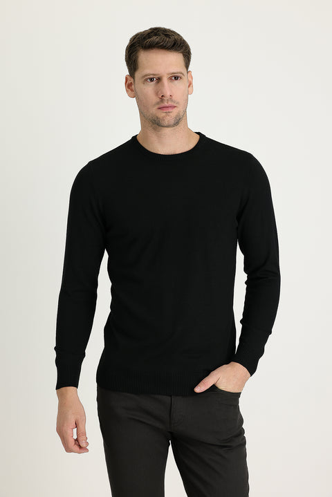 Siyah Bisiklet Yaka Regular Fit Pamuklu Triko Kazak