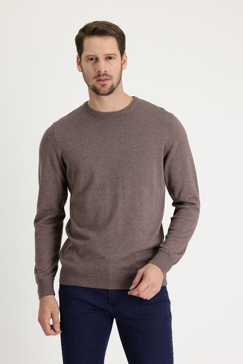 Açık Kahve Melanj Bisiklet Yaka Regular Fit Triko Kazak