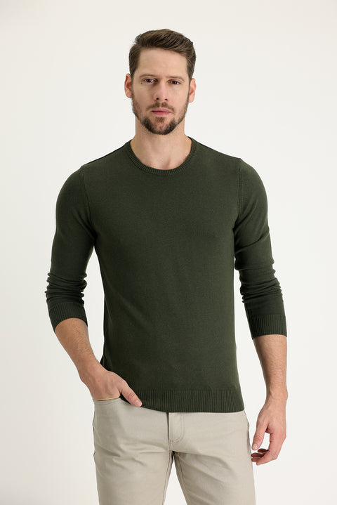 Orta Haki Bisiklet Yaka Regular Fit Pamuklu Triko Kazak