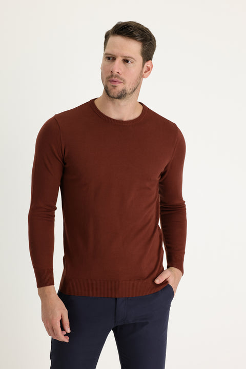 Kiremit Bisiklet Yaka Regular Fit Pamuklu Triko Kazak