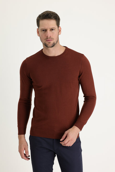 Kiremit Bisiklet Yaka Regular Fit Pamuklu Triko Kazak