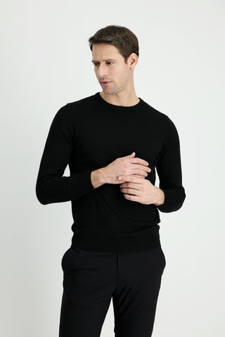  Siyah Bisiklet Yaka Slim Fit Dar Kesim Pamuklu Triko Kazak