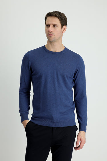 İndigo Melanj Bisiklet Yaka Slim Fit Dar Kesim Pamuklu Triko Kazak