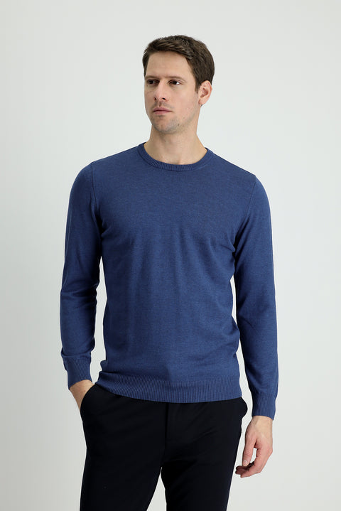 İndigo Melanj Bisiklet Yaka Slim Fit Dar Kesim Pamuklu Triko Kazak