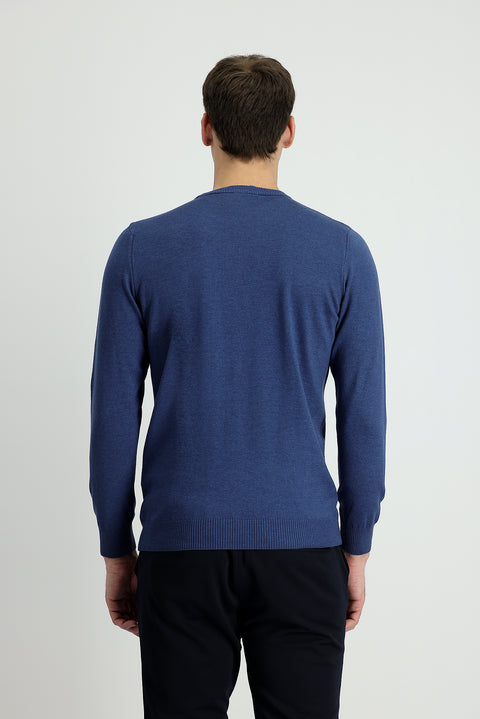 İndigo Melanj Bisiklet Yaka Slim Fit Dar Kesim Pamuklu Triko Kazak