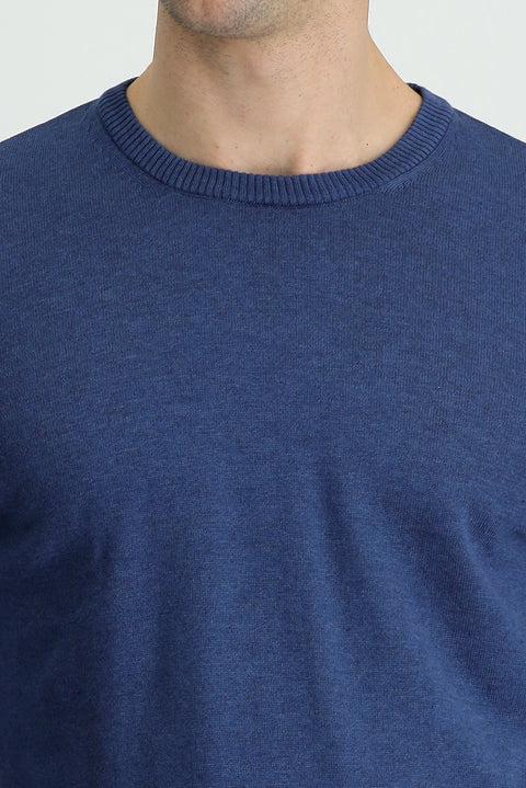 İndigo Melanj Bisiklet Yaka Slim Fit Dar Kesim Pamuklu Triko Kazak