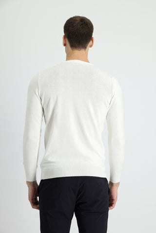  Ekru Bisiklet Yaka Slim Fit Dar Kesim Pamuklu Triko Kazak