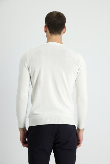 Ekru Bisiklet Yaka Slim Fit Dar Kesim Pamuklu Triko Kazak
