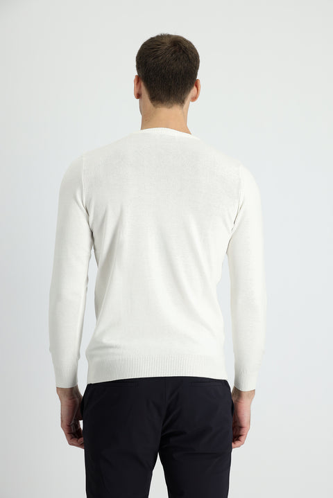 Ekru Bisiklet Yaka Slim Fit Dar Kesim Pamuklu Triko Kazak