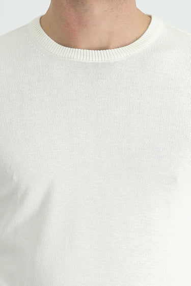 Ekru Bisiklet Yaka Slim Fit Dar Kesim Pamuklu Triko Kazak