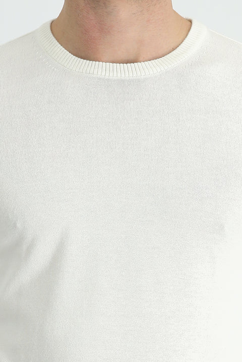 Ekru Bisiklet Yaka Slim Fit Dar Kesim Pamuklu Triko Kazak