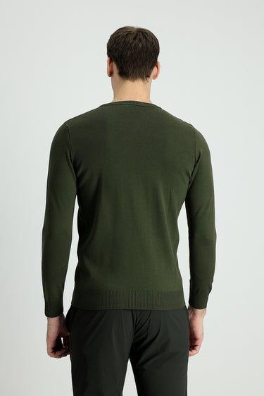 Orta Haki Bisiklet Yaka Slim Fit Dar Kesim Pamuklu Triko Kazak