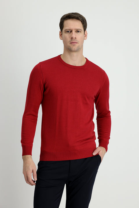 Koyu Kırmızı Bisiklet Yaka Slim Fit Dar Kesim Pamuklu Triko Kazak