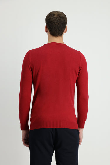  Koyu Kırmızı Bisiklet Yaka Slim Fit Dar Kesim Pamuklu Triko Kazak