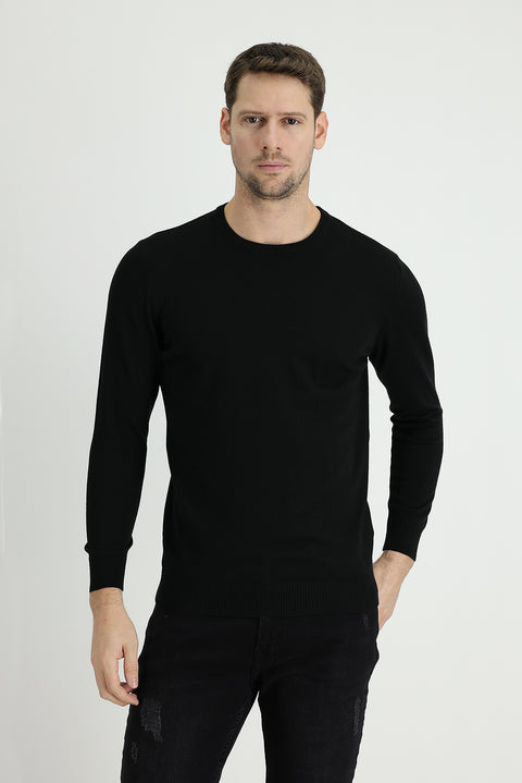 Siyah Bisiklet Yaka Regular Fit Pamuklu Triko Kazak