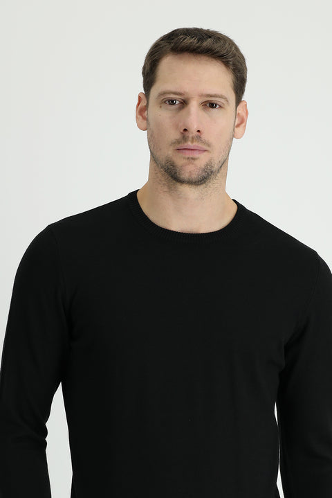 Siyah Bisiklet Yaka Regular Fit Pamuklu Triko Kazak