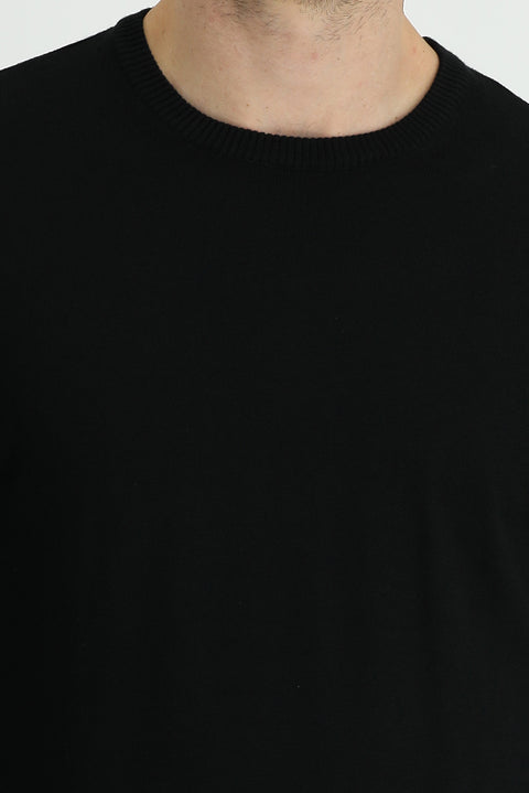 Siyah Bisiklet Yaka Regular Fit Pamuklu Triko Kazak