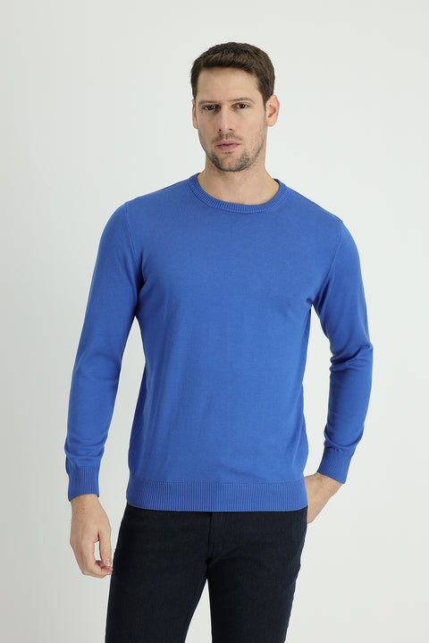 Koyu Mavi  Bisiklet Yaka Regular Fit Pamuklu Triko Kazak