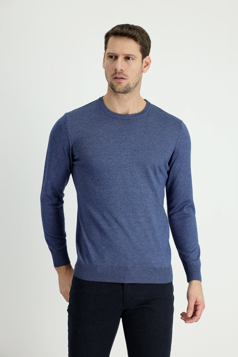 İndigo Melanj Bisiklet Yaka Regular Fit Pamuklu Triko Kazak