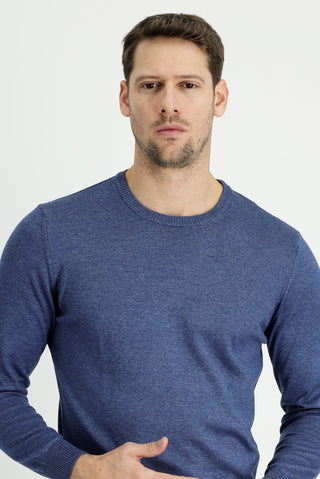  İndigo Melanj Bisiklet Yaka Regular Fit Pamuklu Triko Kazak