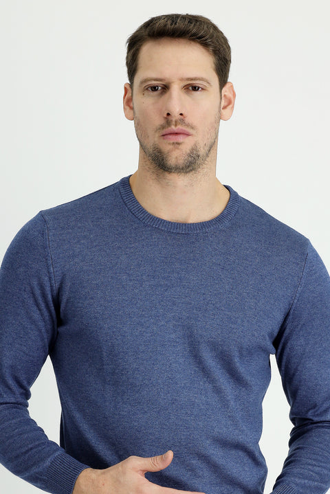 İndigo Melanj Bisiklet Yaka Regular Fit Pamuklu Triko Kazak