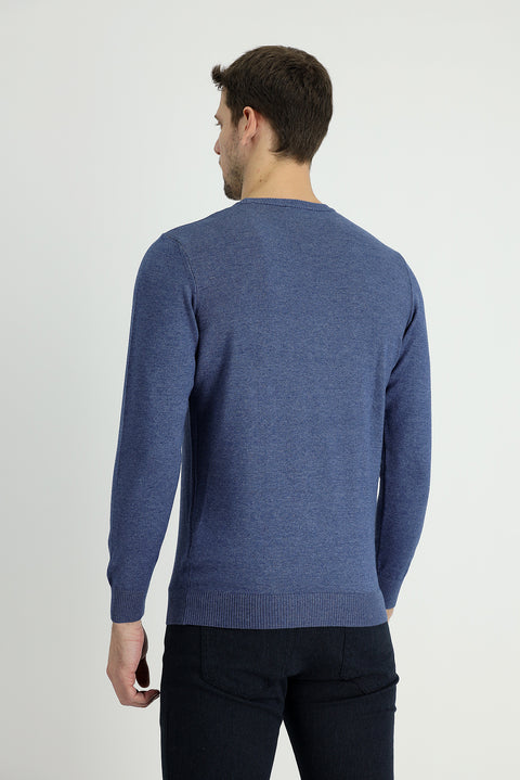 İndigo Melanj Bisiklet Yaka Regular Fit Pamuklu Triko Kazak