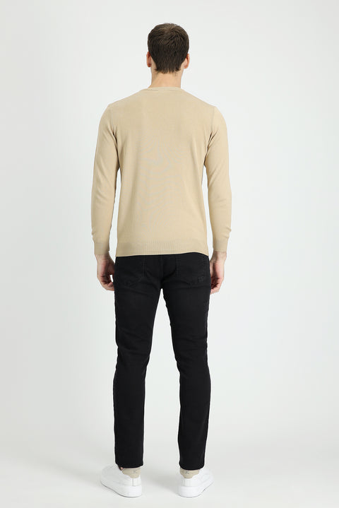 Açık Bej Bisiklet Yaka Regular Fit Pamuklu Triko Kazak