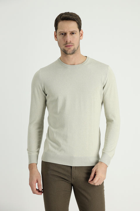 Stone Crew Neck Regular Fit Cotton Knit Sweater