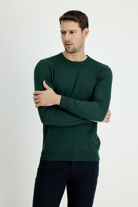 Orman Yeşili Bisiklet Yaka Regular Fit Pamuklu Triko Kazak