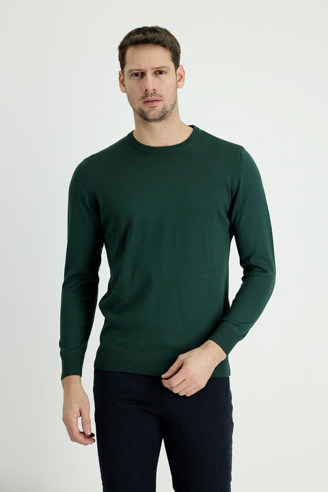 Orman Yeşili Bisiklet Yaka Regular Fit Pamuklu Triko Kazak