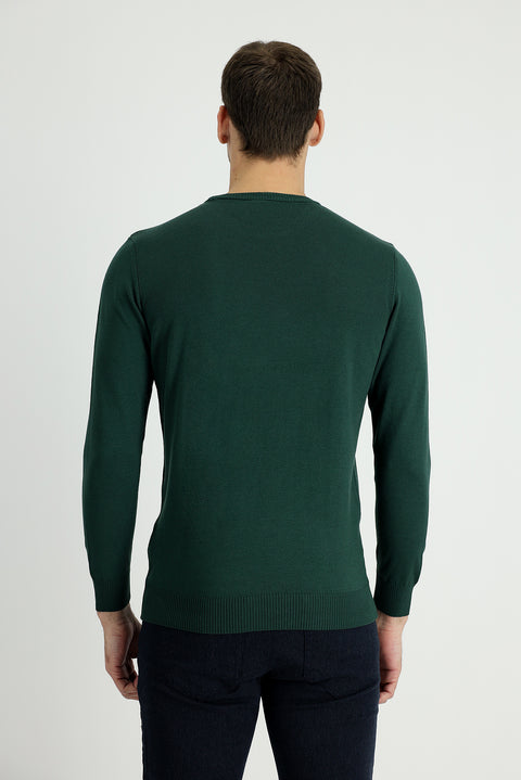 Orman Yeşili Bisiklet Yaka Regular Fit Pamuklu Triko Kazak