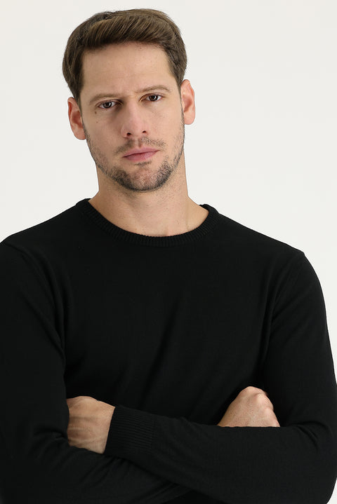 Siyah Bisiklet Yaka Regular Fit Pamuklu Triko Kazak