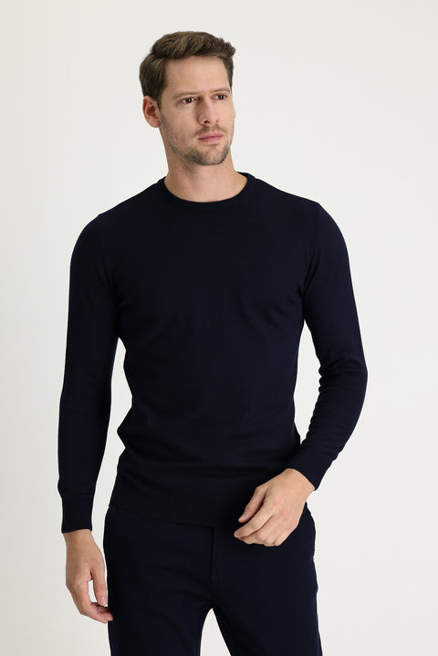 Koyu Lacivert Bisiklet Yaka Regular Fit Triko Kazak