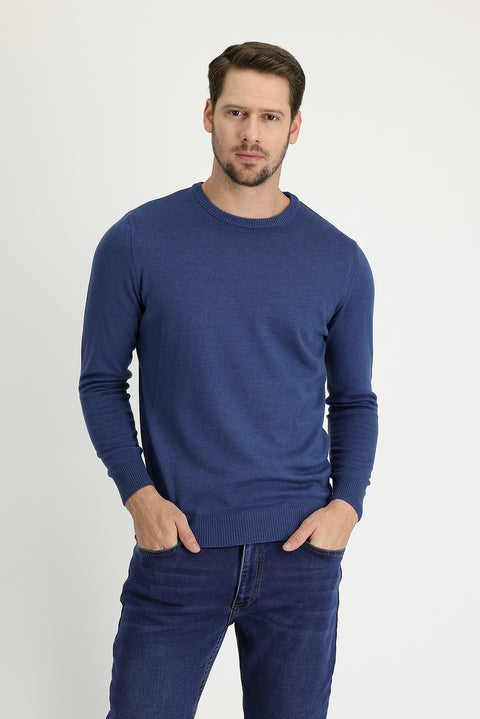 İndigo Melanj Bisiklet Yaka Regular Fit Triko Kazak