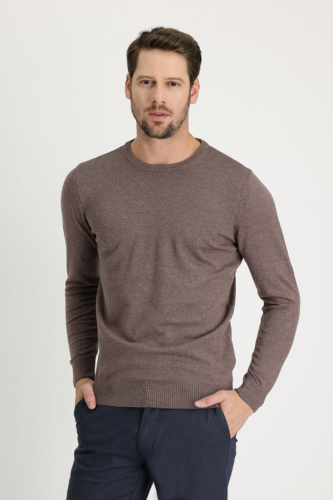 Light Brown Melange Crew Neck Regular Fit Cotton Knit Sweater
