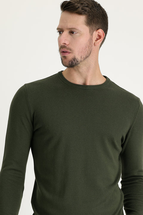 Orta Haki Bisiklet Yaka Regular Fit Pamuklu Triko Kazak