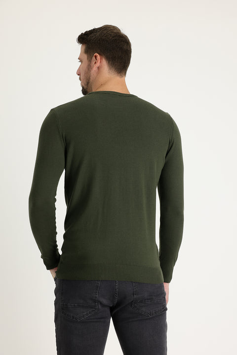 Orta Haki Bisiklet Yaka Regular Fit Pamuklu Triko Kazak