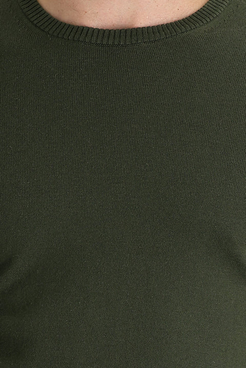 Orta Haki Bisiklet Yaka Regular Fit Pamuklu Triko Kazak