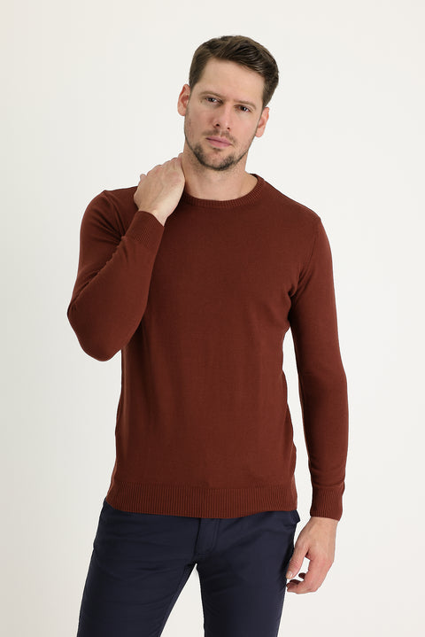 Kiremit Bisiklet Yaka Regular Fit Pamuklu Triko Kazak