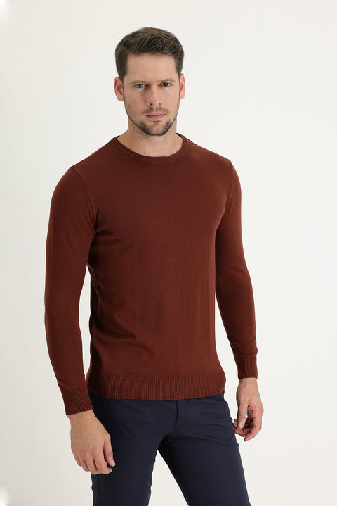 Kiremit Bisiklet Yaka Regular Fit Pamuklu Triko Kazak