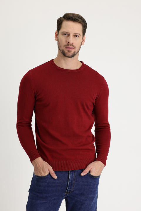 Koyu Kırmızı Bisiklet Yaka Regular Fit Pamuklu Triko Kazak