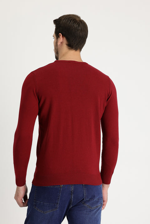 Koyu Kırmızı Bisiklet Yaka Regular Fit Pamuklu Triko Kazak