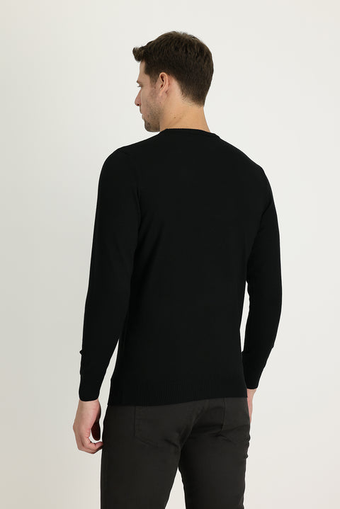 Siyah Bisiklet Yaka Regular Fit Triko Kazak