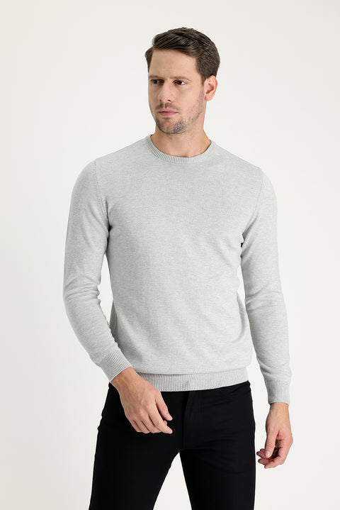 Açık Gri Melanj Bisiklet Yaka Regular Fit Triko Kazak