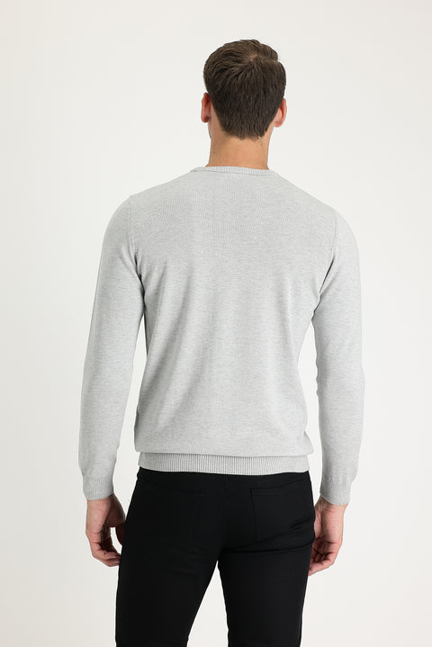 Açık Gri Melanj Bisiklet Yaka Regular Fit Triko Kazak