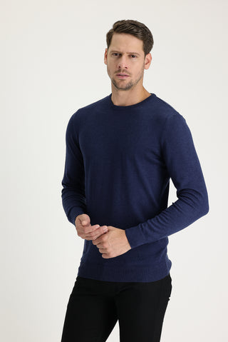  Orta Lacivert Melanj Bisiklet Yaka Regular Fit Triko Kazak