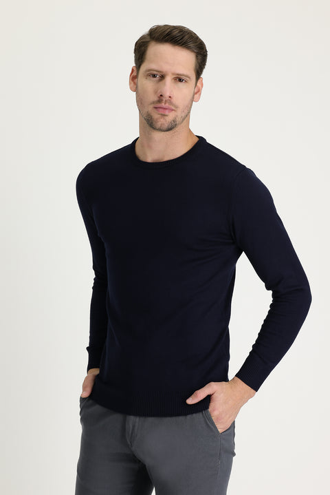 Koyu Lacivert Bisiklet Yaka Regular Fit Triko Kazak